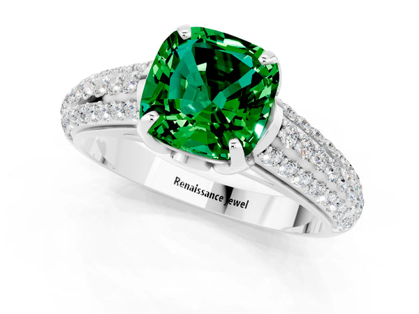 Platinum Cushion Cut Emerald Solitaire Ring with Three-Row Pavé Band and Four-Prong Setting