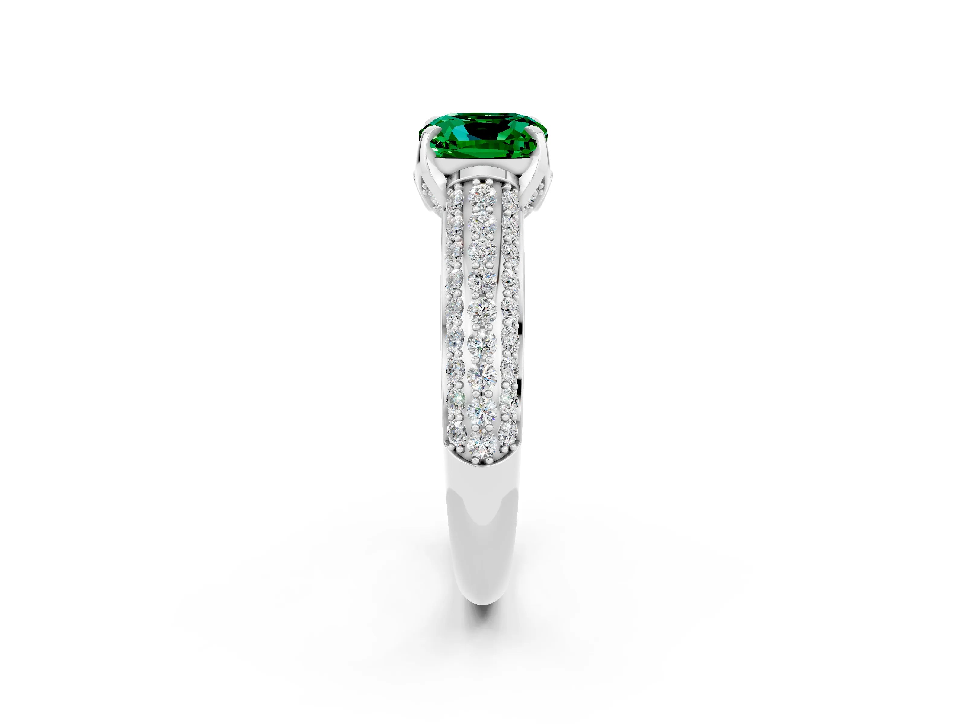 White gold Cushion Cut Emerald Solitaire Ring with Three-Row Pavé Band and Four-Prong Setting_14