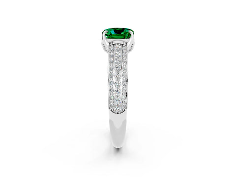 White gold Cushion Cut Emerald Solitaire Ring with Three-Row Pavé Band and Four-Prong Setting_14