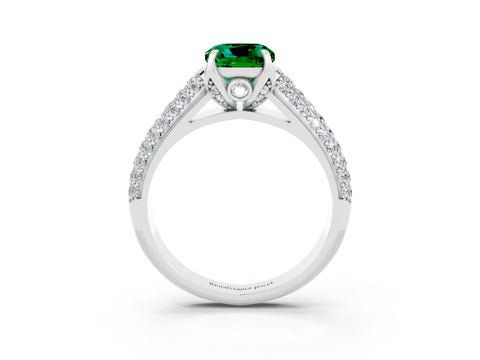 White gold Cushion Cut Emerald Solitaire Ring with Three-Row Pavé Band and Four-Prong Setting_15
