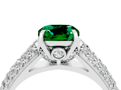 White gold Cushion Cut Emerald Solitaire Ring with Three-Row Pavé Band and Four-Prong Setting_16