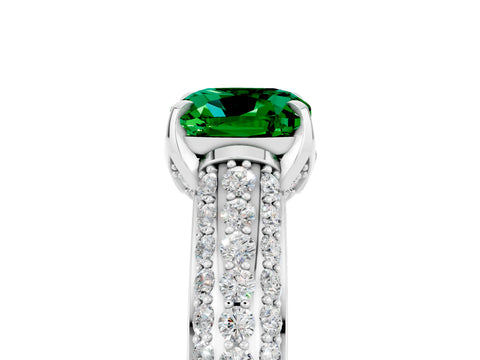 White gold Cushion Cut Emerald Solitaire Ring with Three-Row Pavé Band and Four-Prong Setting_17