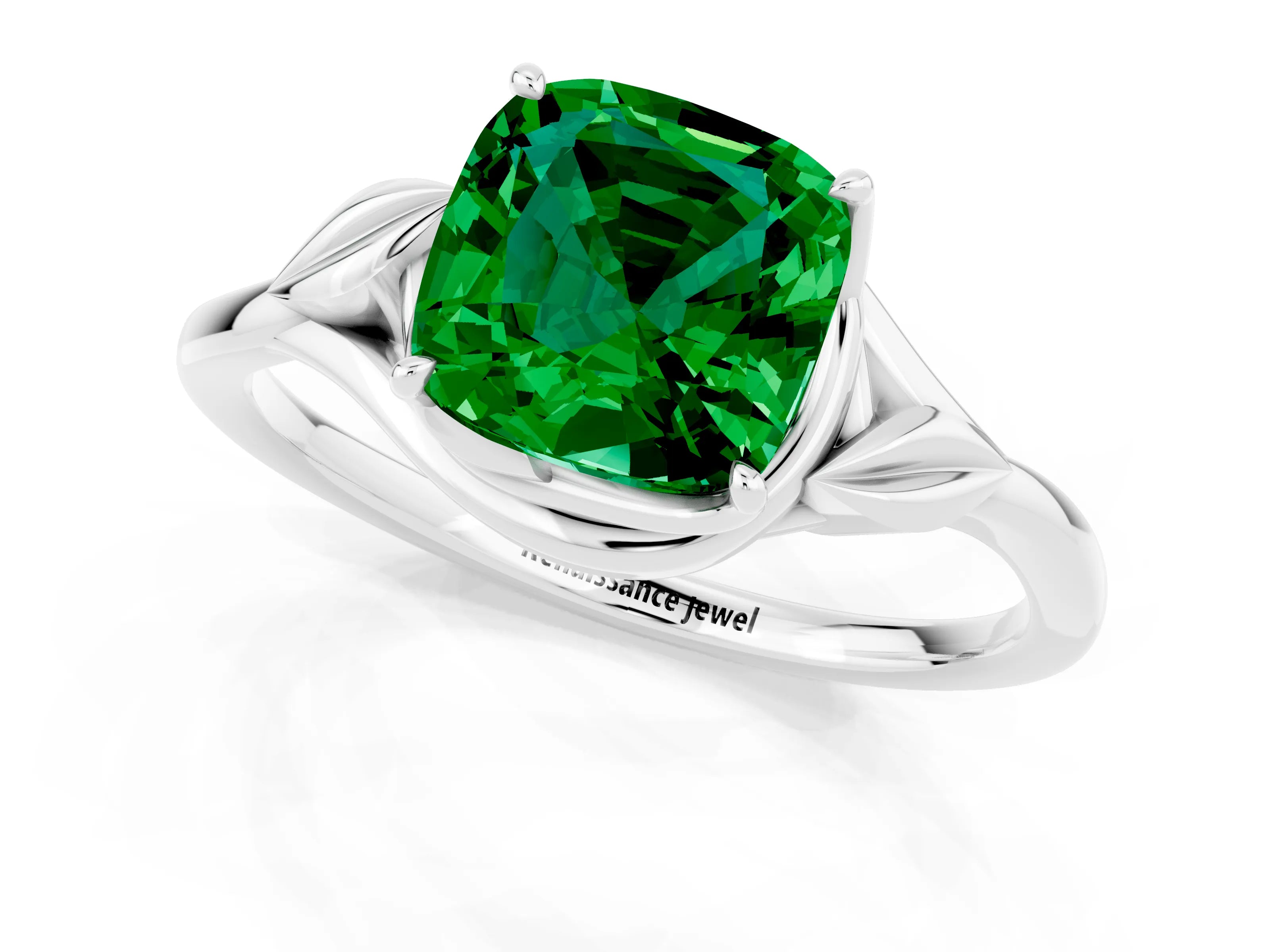 White gold Cushion Cut Emerald Solitaire Ring with Twist Band and Four-Prong Setting_13