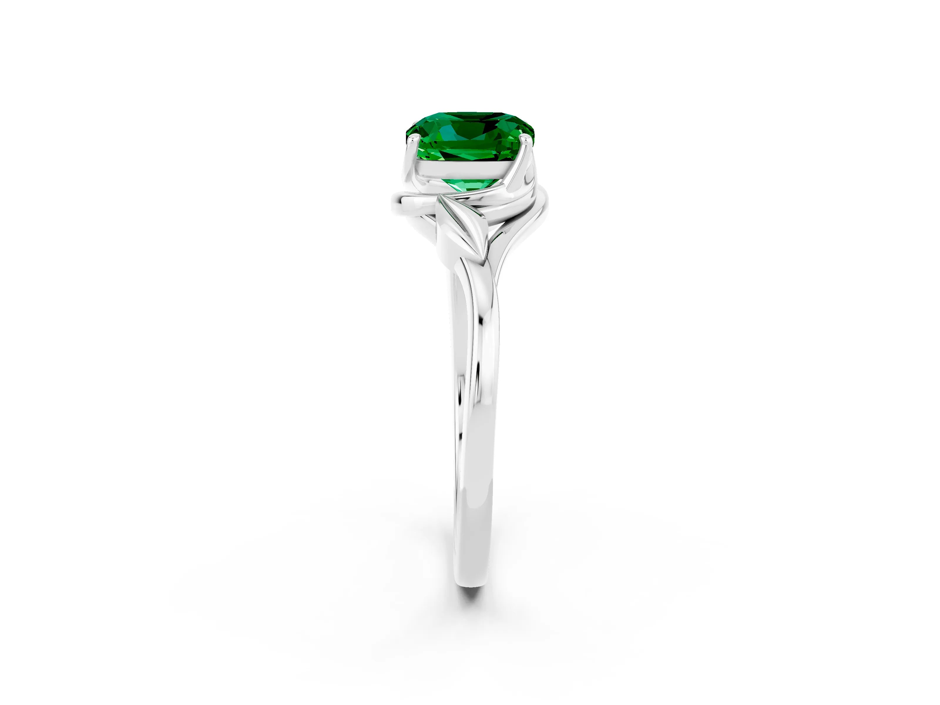 White gold Cushion Cut Emerald Solitaire Ring with Twist Band and Four-Prong Setting_14