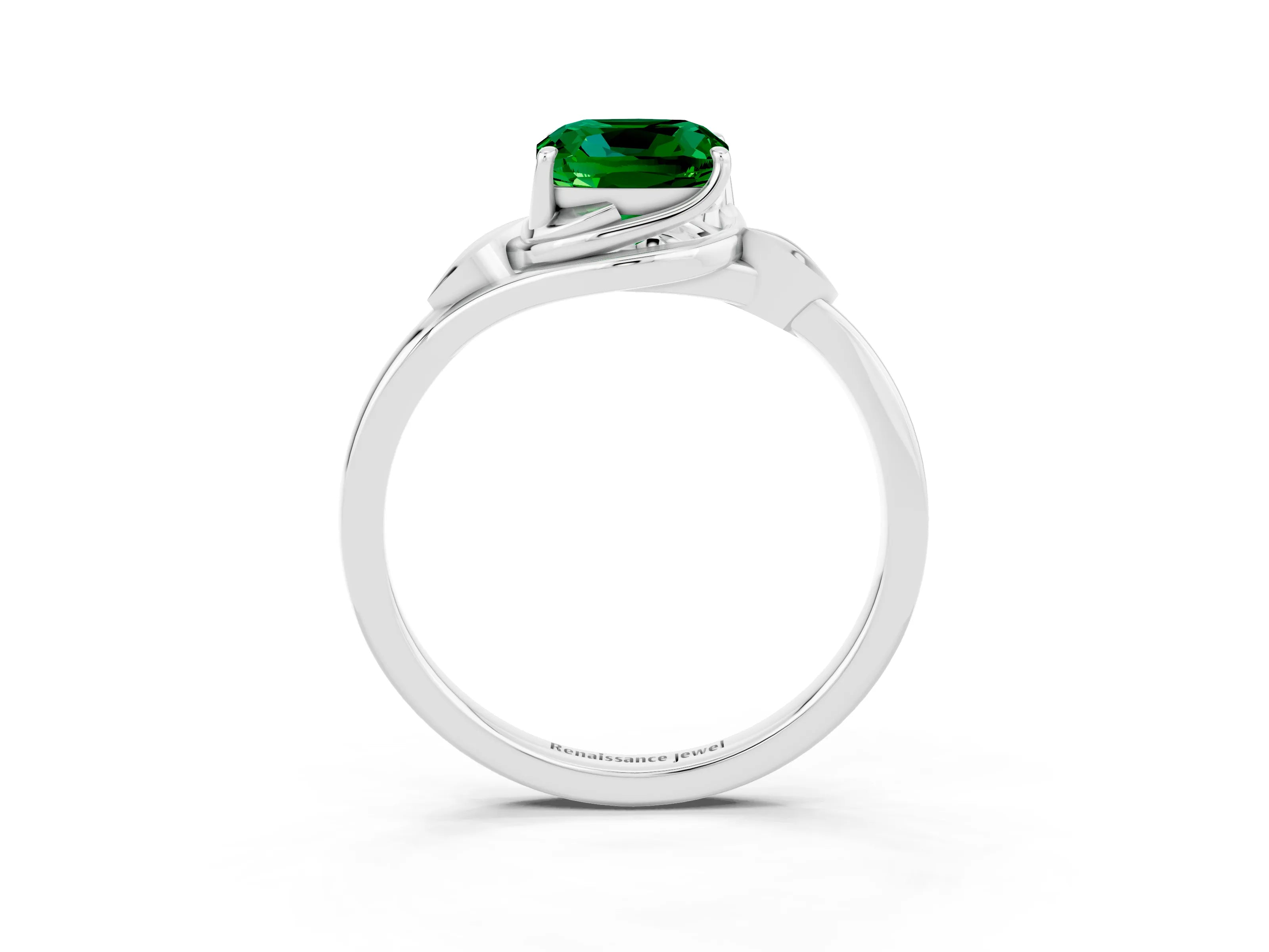 White gold Cushion Cut Emerald Solitaire Ring with Twist Band and Four-Prong Setting_15