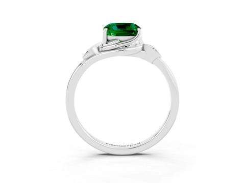 White gold Cushion Cut Emerald Solitaire Ring with Twist Band and Four-Prong Setting_15