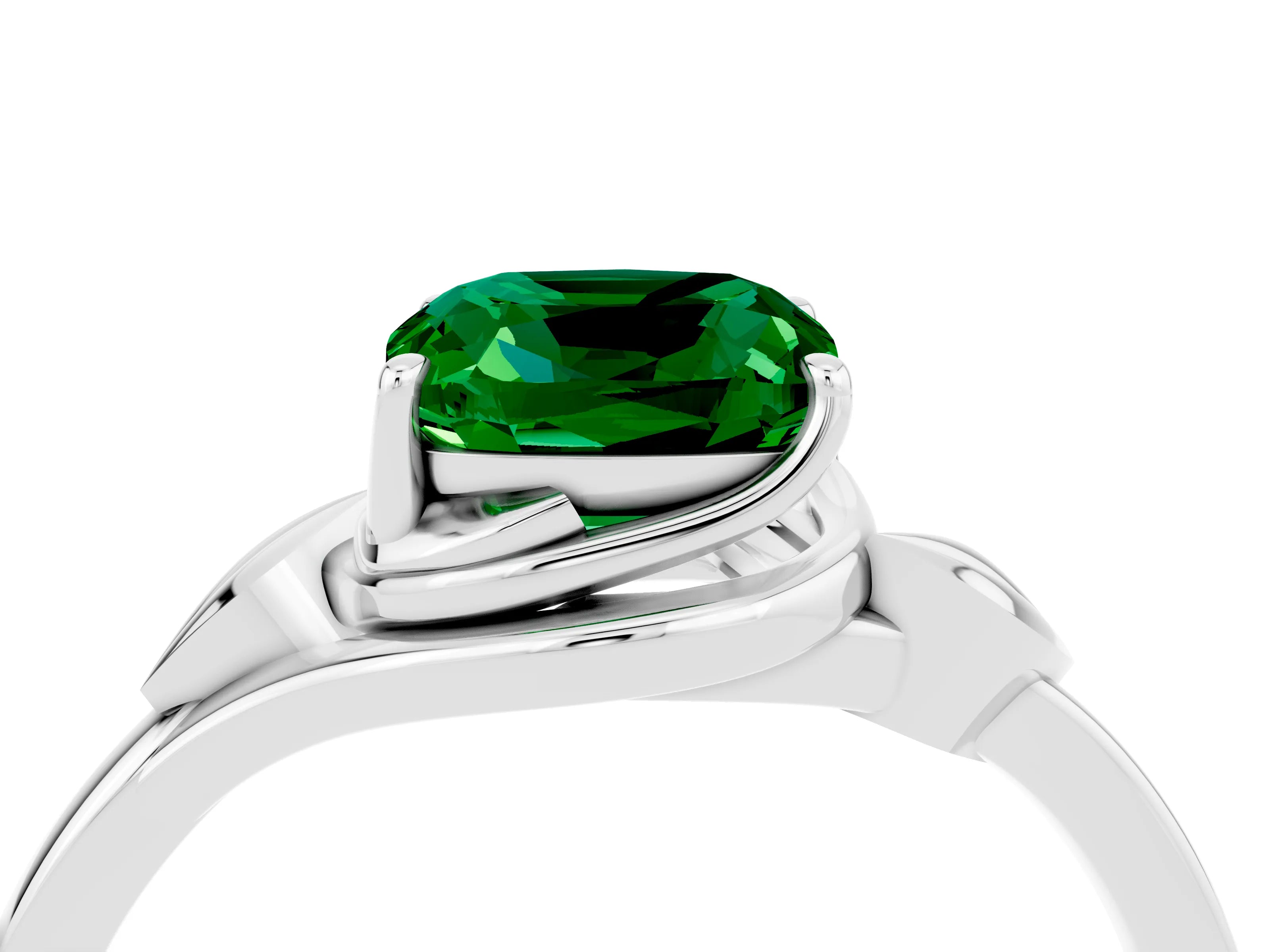 White gold Cushion Cut Emerald Solitaire Ring with Twist Band and Four-Prong Setting_16