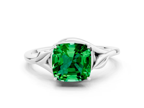 White gold Cushion Cut Emerald Solitaire Ring with Twist Band and Four-Prong Setting