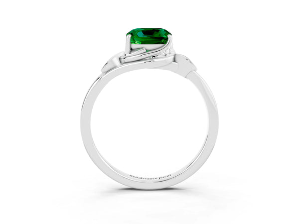 White gold Cushion Cut Emerald Solitaire Ring with Twist Band and Four-Prong Setting