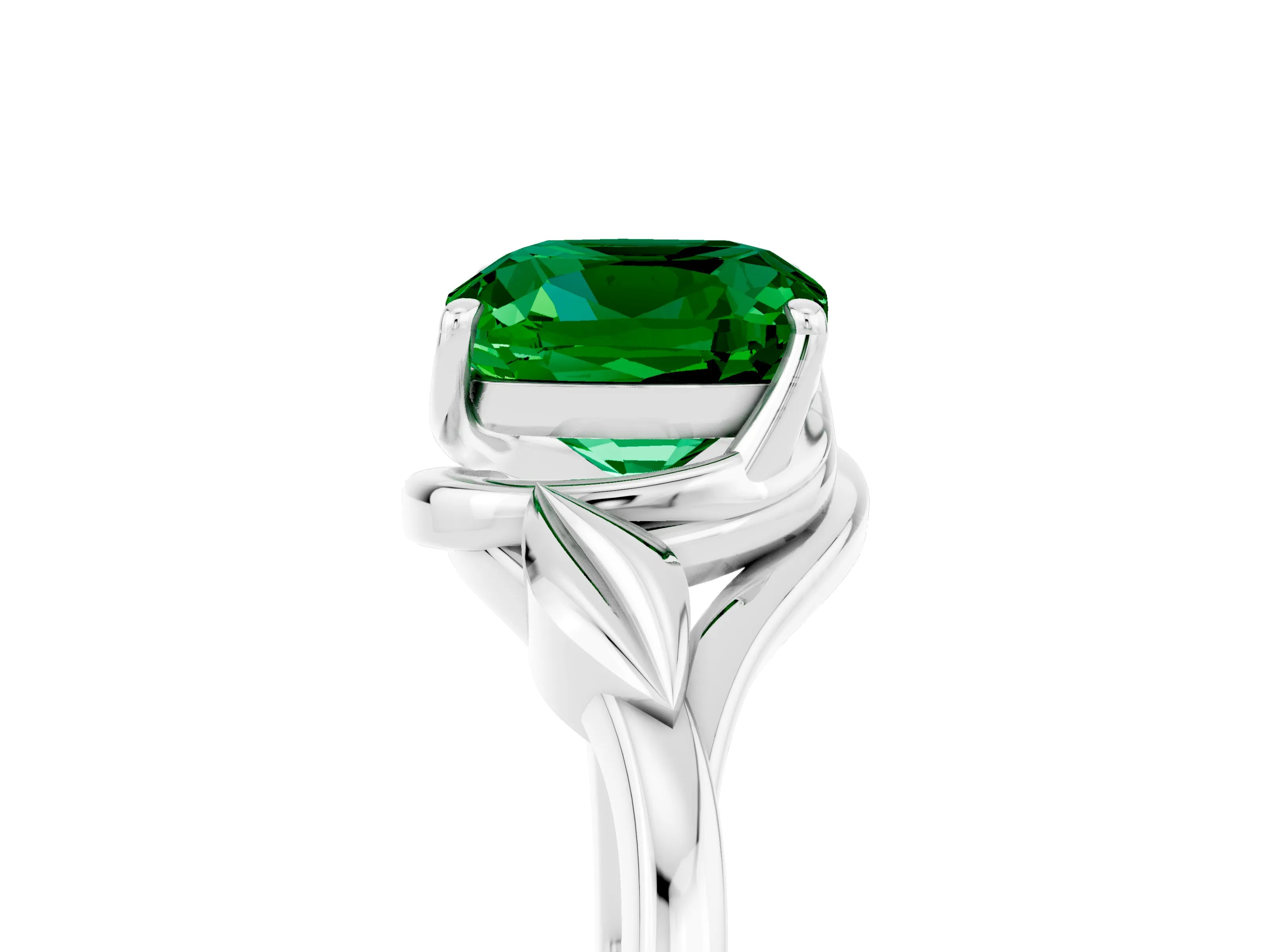 White gold Cushion Cut Emerald Solitaire Ring with Twist Band and Four-Prong Setting_41