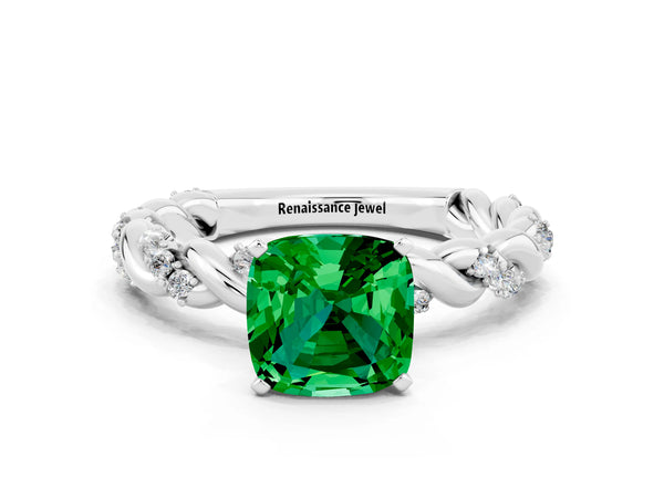 Platinum Cushion Cut Emerald Solitaire Ring with Twisted Band and Pavé Accents