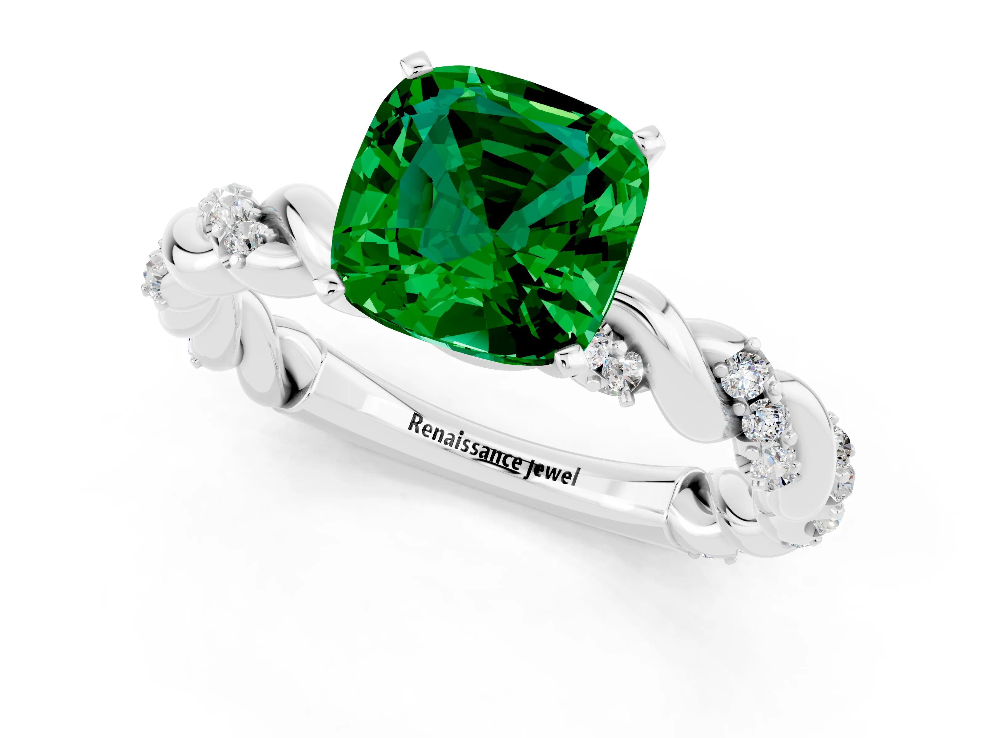 White gold Cushion Cut Emerald Solitaire Ring with Twisted Band and Pavé Accents_1