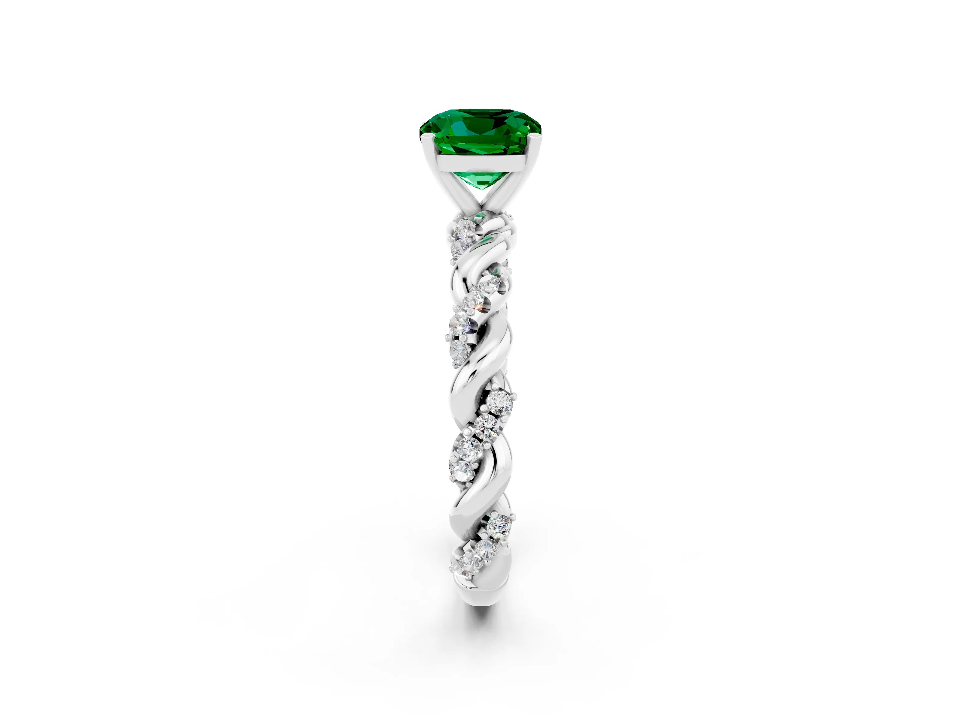 White gold Cushion Cut Emerald Solitaire Ring with Twisted Band and Pavé Accents_2