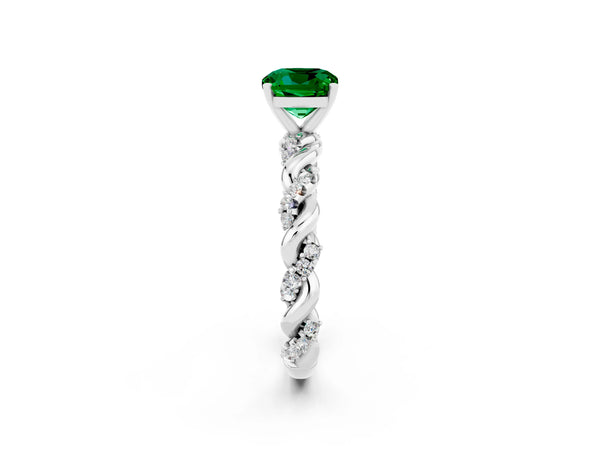 White gold Cushion Cut Emerald Solitaire Ring with Twisted Band and Pavé Accents