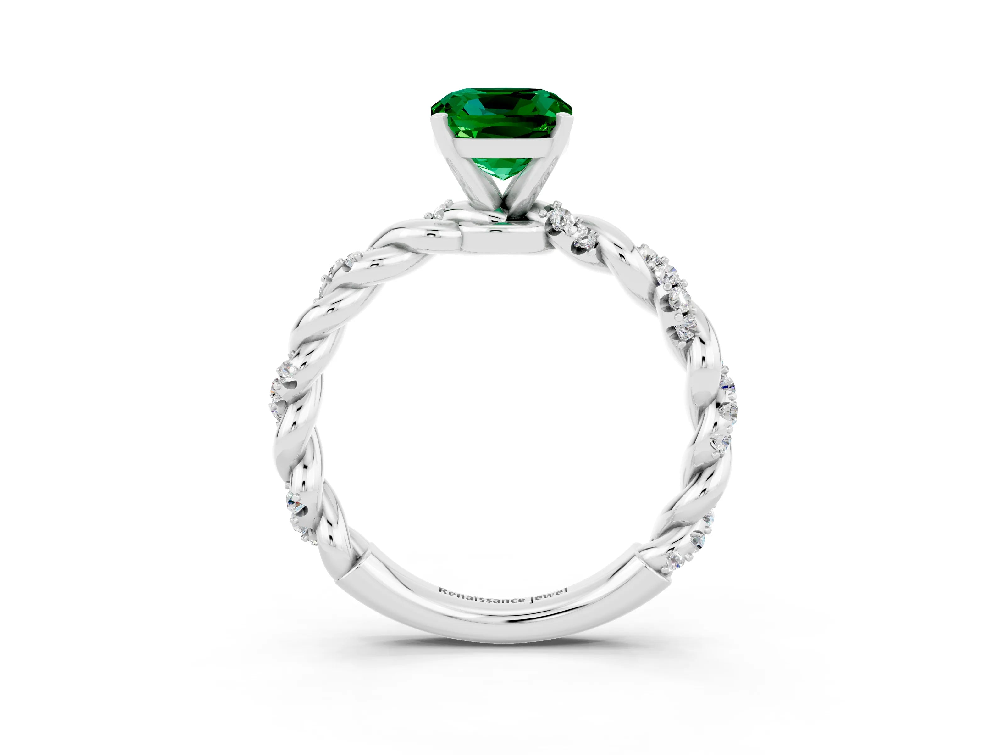 White gold Cushion Cut Emerald Solitaire Ring with Twisted Band and Pavé Accents_3