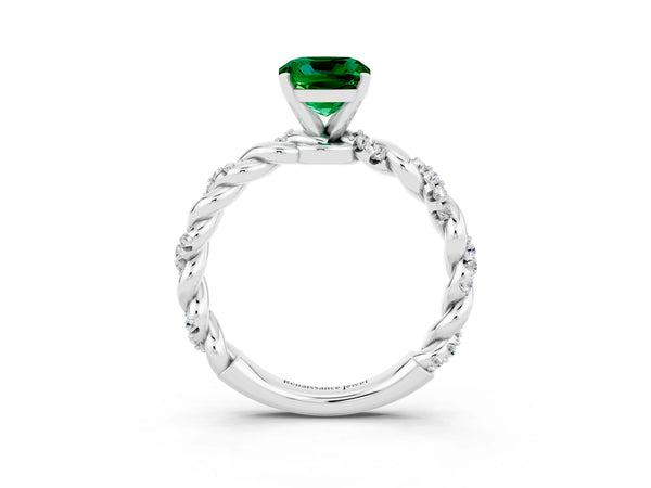 Platinum Cushion Cut Emerald Solitaire Ring with Twisted Band and Pavé Accents