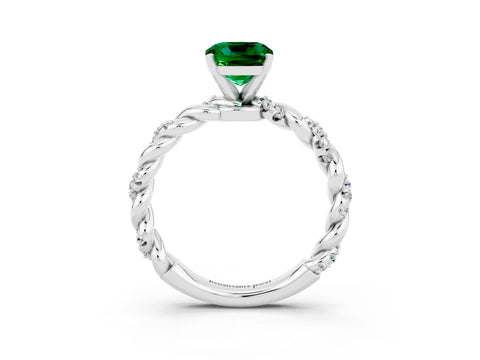 White gold Cushion Cut Emerald Solitaire Ring with Twisted Band and Pavé Accents_3