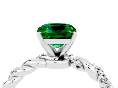 White gold Cushion Cut Emerald Solitaire Ring with Twisted Band and Pavé Accents_4