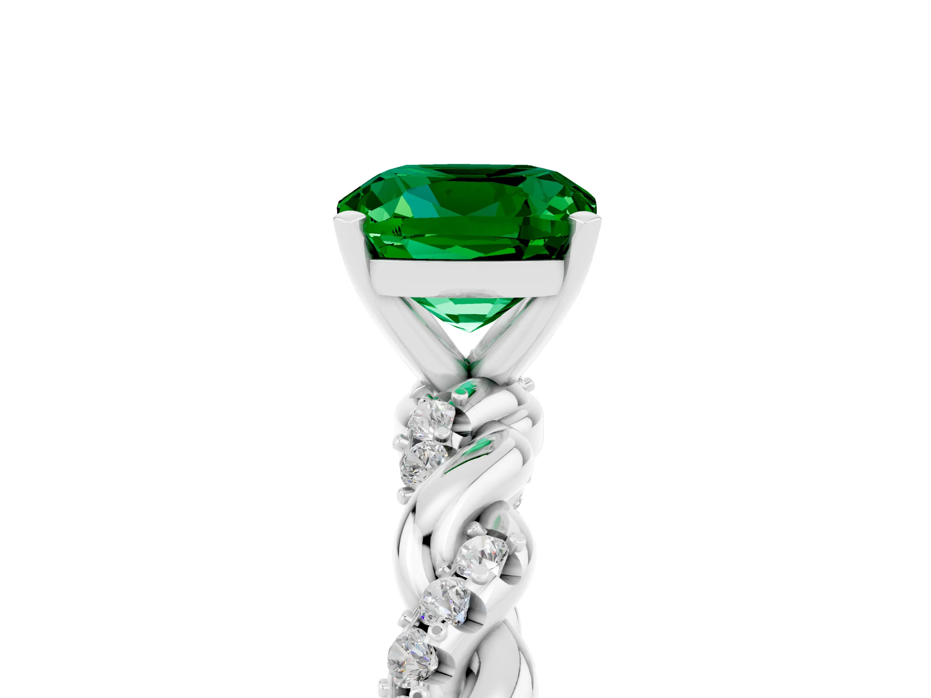 White gold Cushion Cut Emerald Solitaire Ring with Twisted Band and Pavé Accents_5