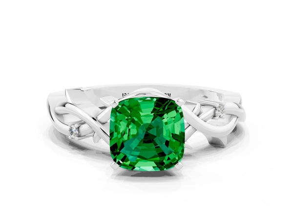 Platinum Cushion Cut Emerald Solitaire Ring with Twisted Band and Prong Setting