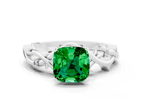 White gold Cushion Cut Emerald Solitaire Ring with Twisted Band and Prong Setting_12