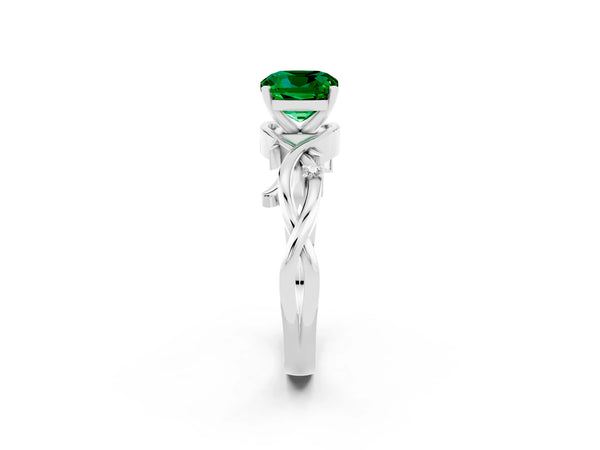 White gold Cushion Cut Emerald Solitaire Ring with Twisted Band and Prong Setting