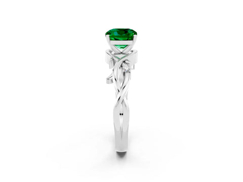 White gold Cushion Cut Emerald Solitaire Ring with Twisted Band and Prong Setting_14