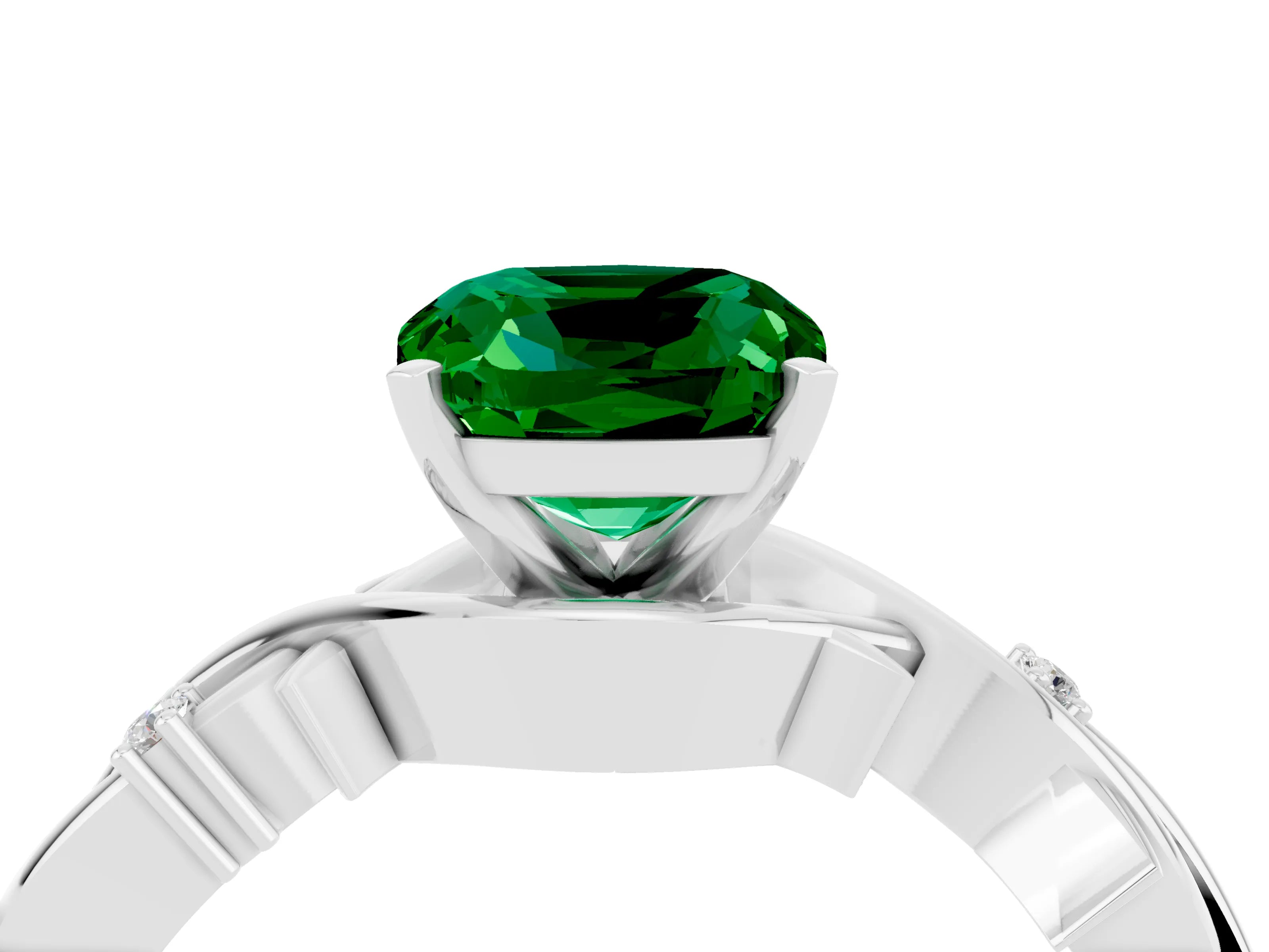 White gold Cushion Cut Emerald Solitaire Ring with Twisted Band and Prong Setting_16