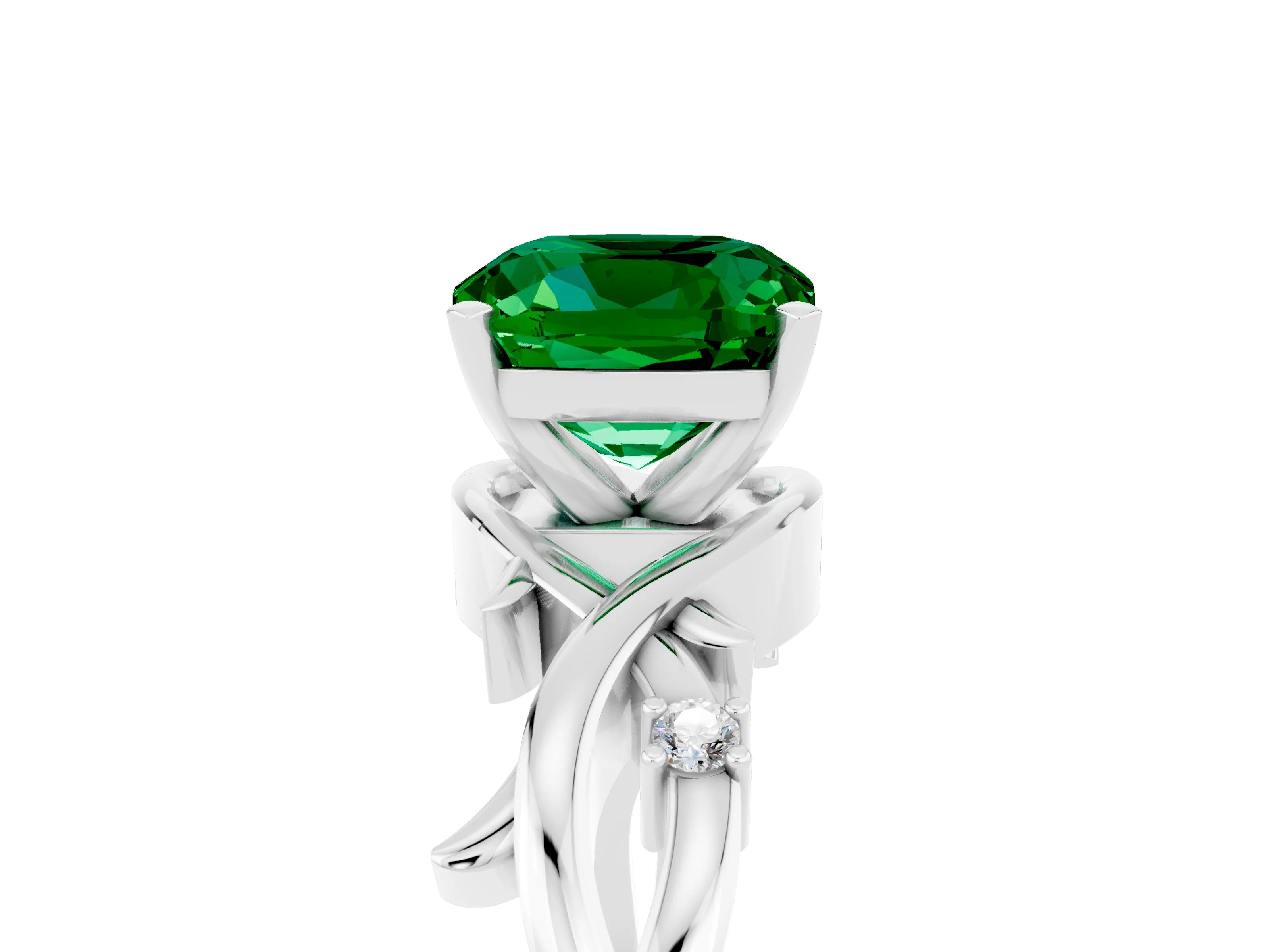 White gold Cushion Cut Emerald Solitaire Ring with Twisted Band and Prong Setting_17