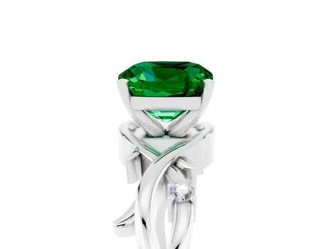 White gold Cushion Cut Emerald Solitaire Ring with Twisted Band and Prong Setting_17