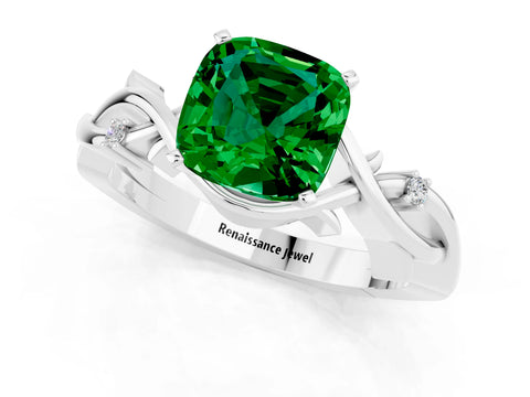 White gold Cushion Cut Emerald Solitaire Ring with Twisted Band and Prong Setting_1