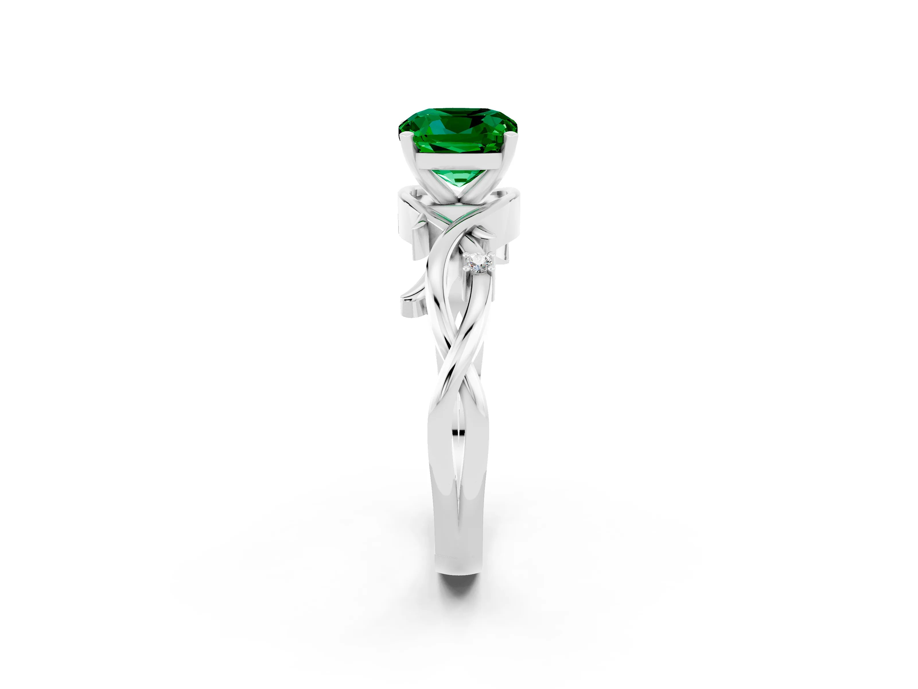 White gold Cushion Cut Emerald Solitaire Ring with Twisted Band and Prong Setting_2
