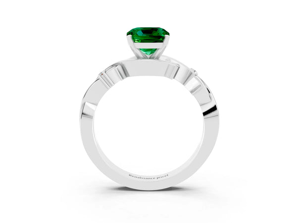 Platinum Cushion Cut Emerald Solitaire Ring with Twisted Band and Prong Setting