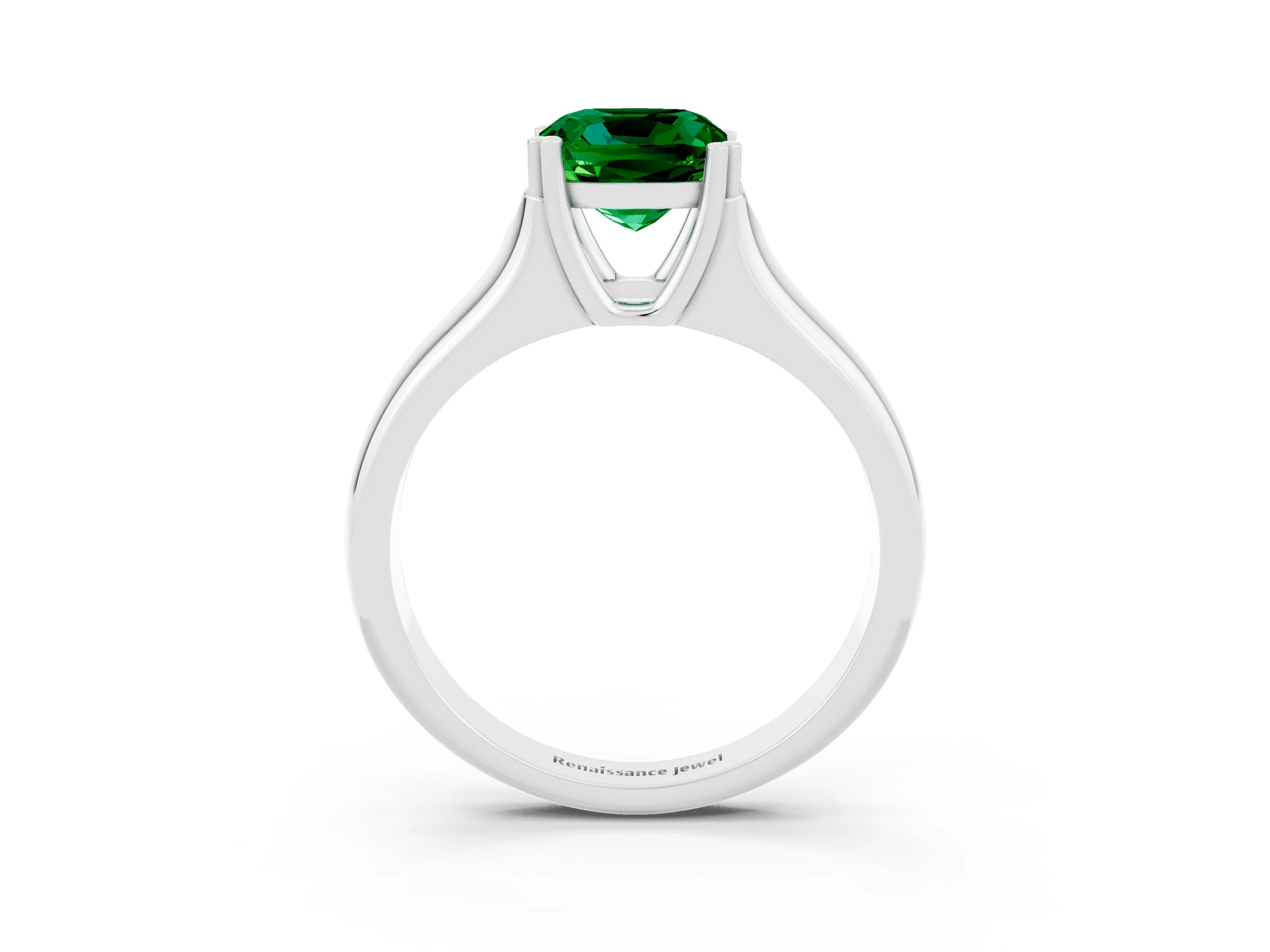 White gold Cushion Cut Emerald Solitaire Ring with Wide Band and Prong Setting_3