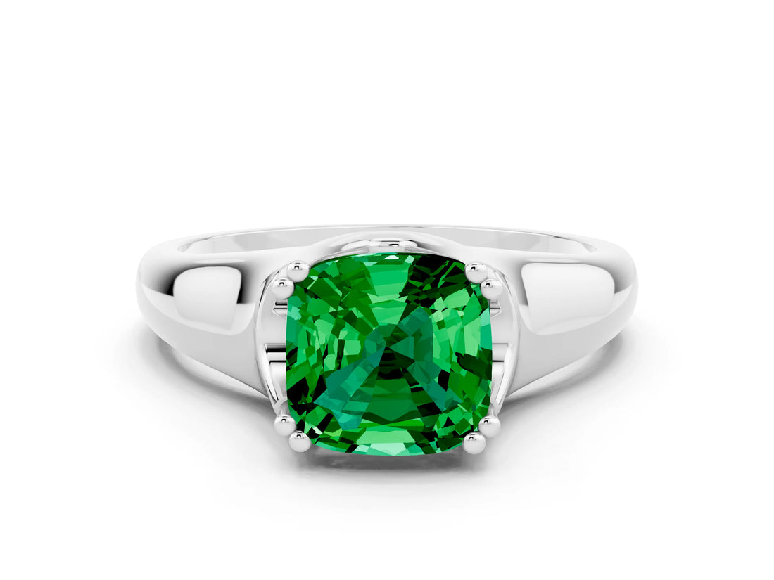 White gold Cushion Cut Emerald Solitaire Ring with Wide Band and Prong Setting