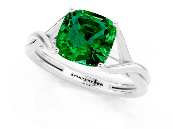 Silver Cushion Cut Emerald Solitaire Twist Band Prong Setting Ring