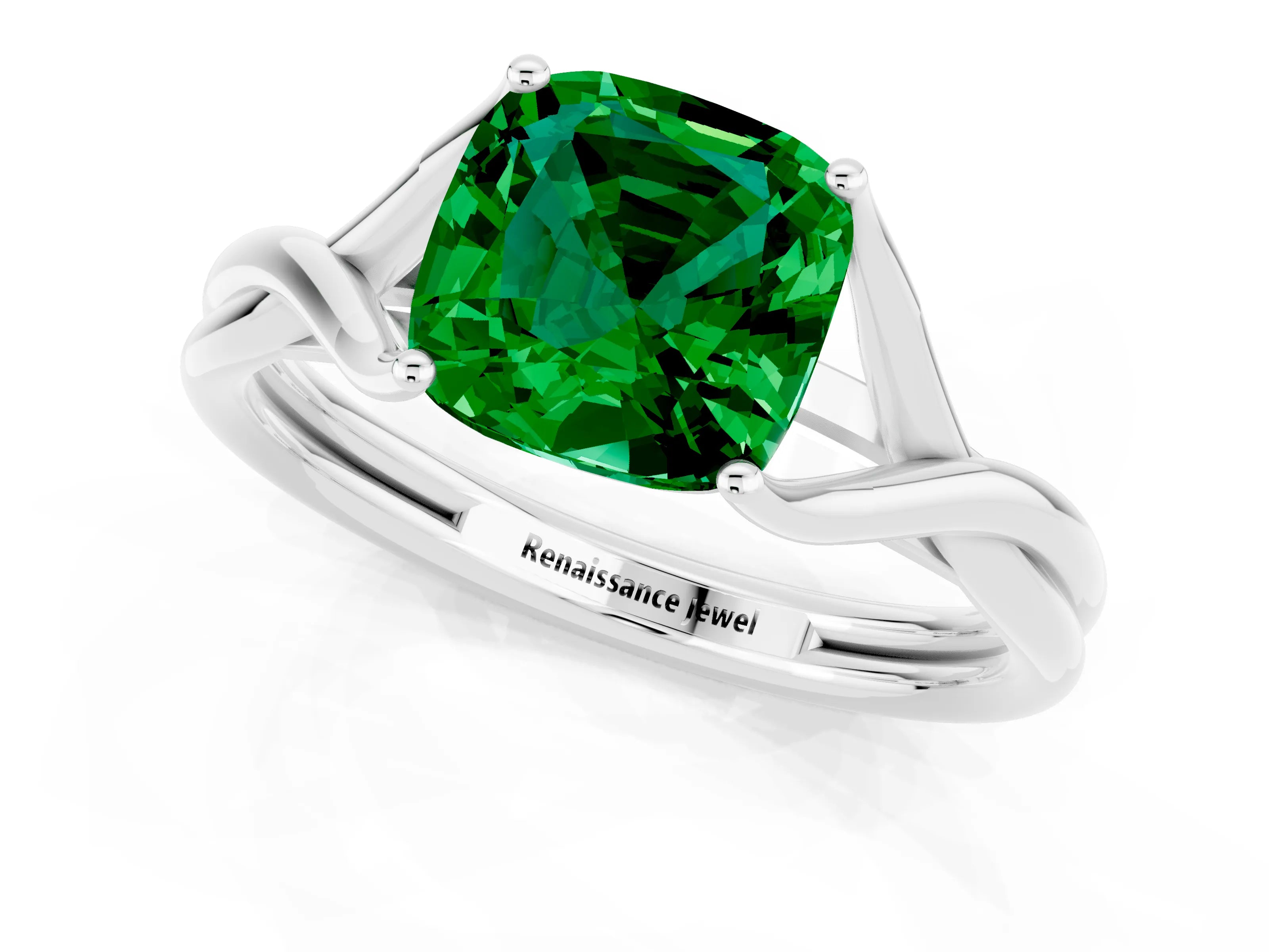White gold Cushion Cut Emerald Solitaire Twist Band Prong Setting Ring_83