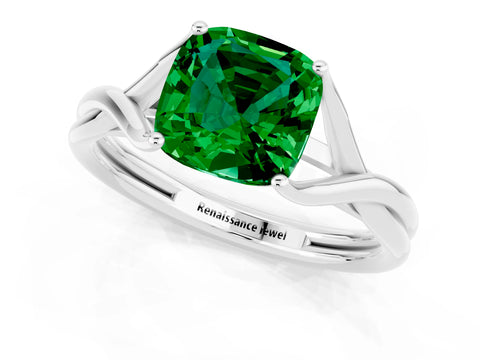 White gold Cushion Cut Emerald Solitaire Twist Band Prong Setting Ring_83