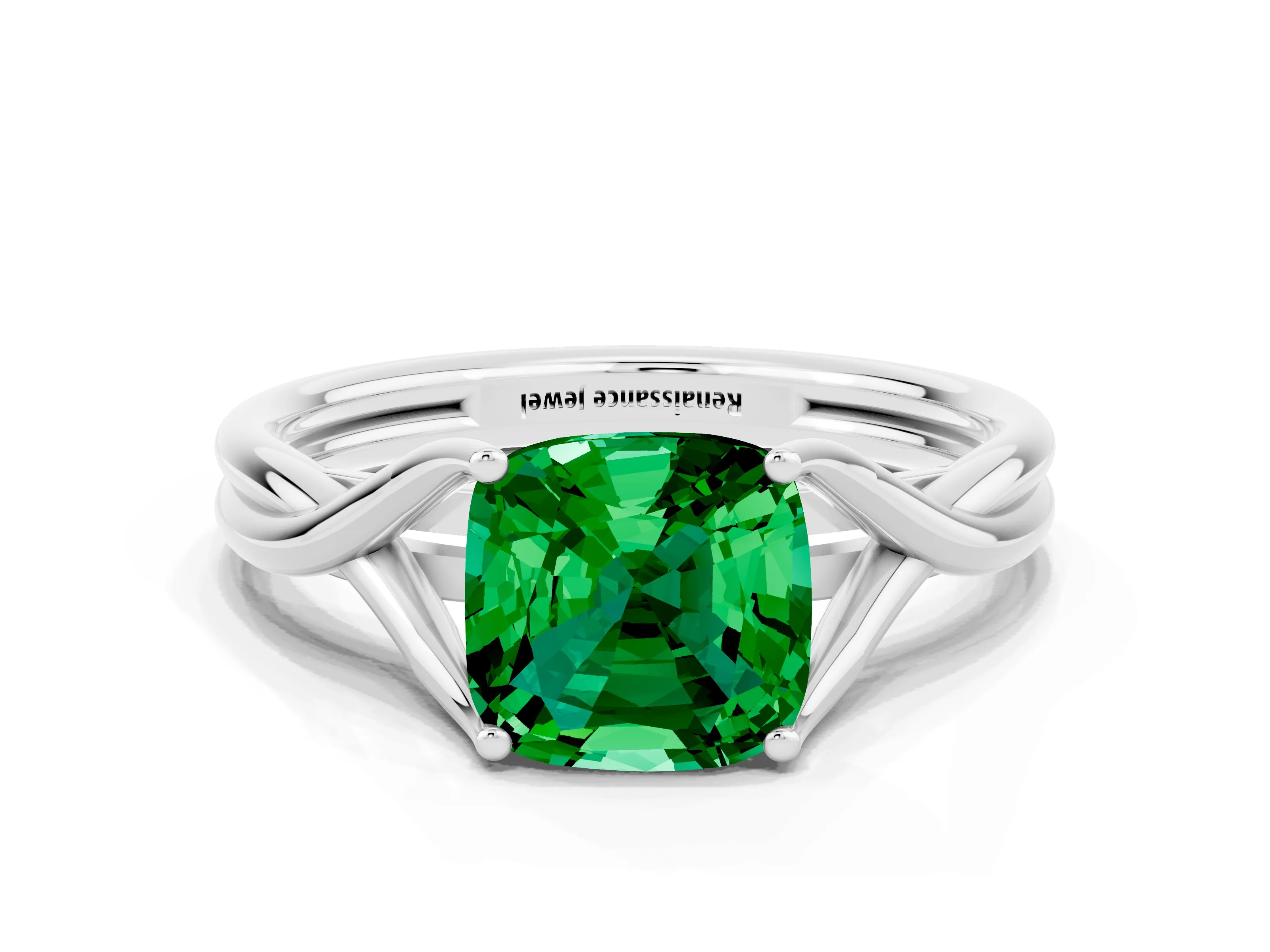 White gold Cushion Cut Emerald Solitaire Twist Band Prong Setting Ring_88