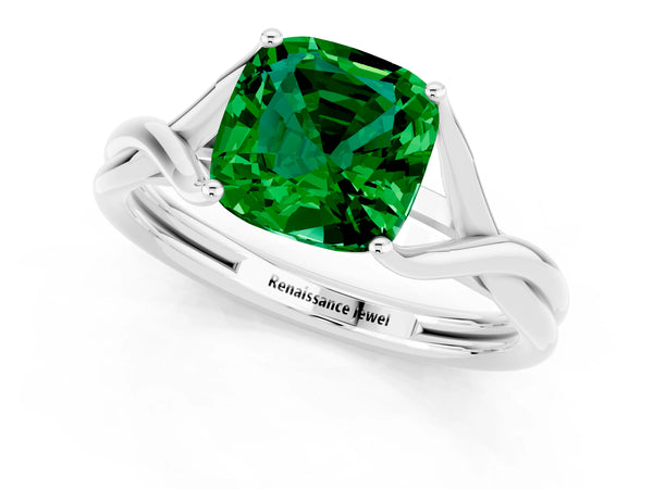 Silver Cushion Cut Emerald Solitaire Twist Band Prong Setting Ring