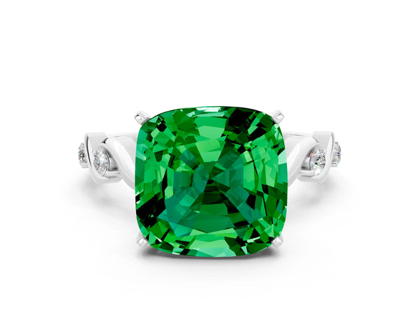 White gold Cushion Cut Emerald Solitaire Twisted Band with Round  Accents and Prong Setting