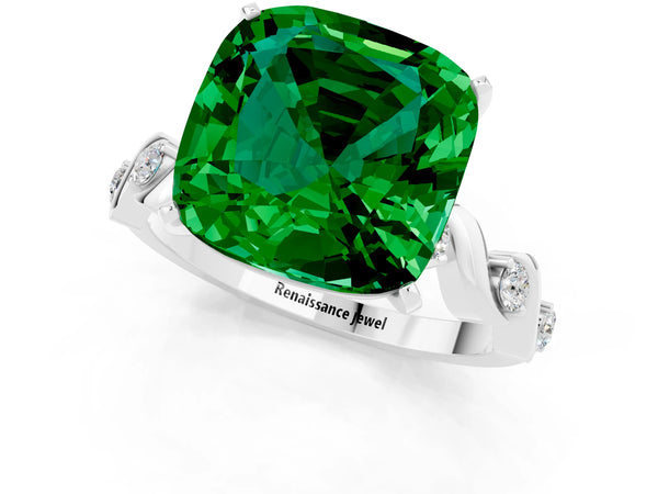White gold Cushion Cut Emerald Solitaire Twisted Band with Round  Accents and Prong Setting