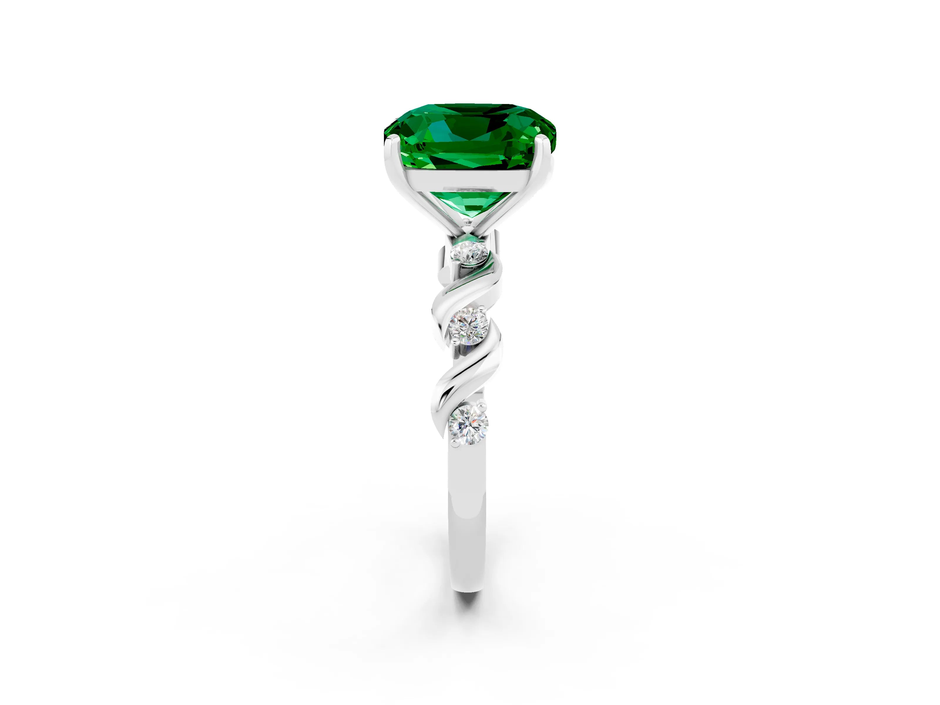 White gold Cushion Cut Emerald Solitaire Twisted Band with Round  Accents and Prong Setting_14