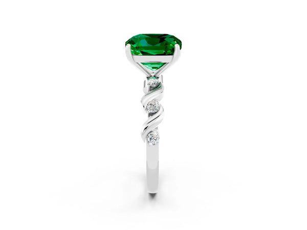 White gold Cushion Cut Emerald Solitaire Twisted Band with Round  Accents and Prong Setting