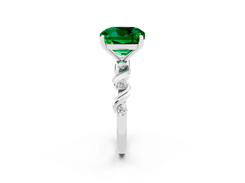 White gold Cushion Cut Emerald Solitaire Twisted Band with Round  Accents and Prong Setting_14