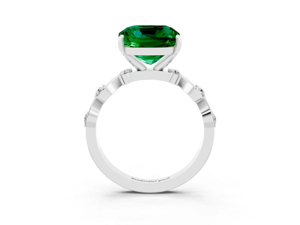 White gold Cushion Cut Emerald Solitaire Twisted Band with Round  Accents and Prong Setting