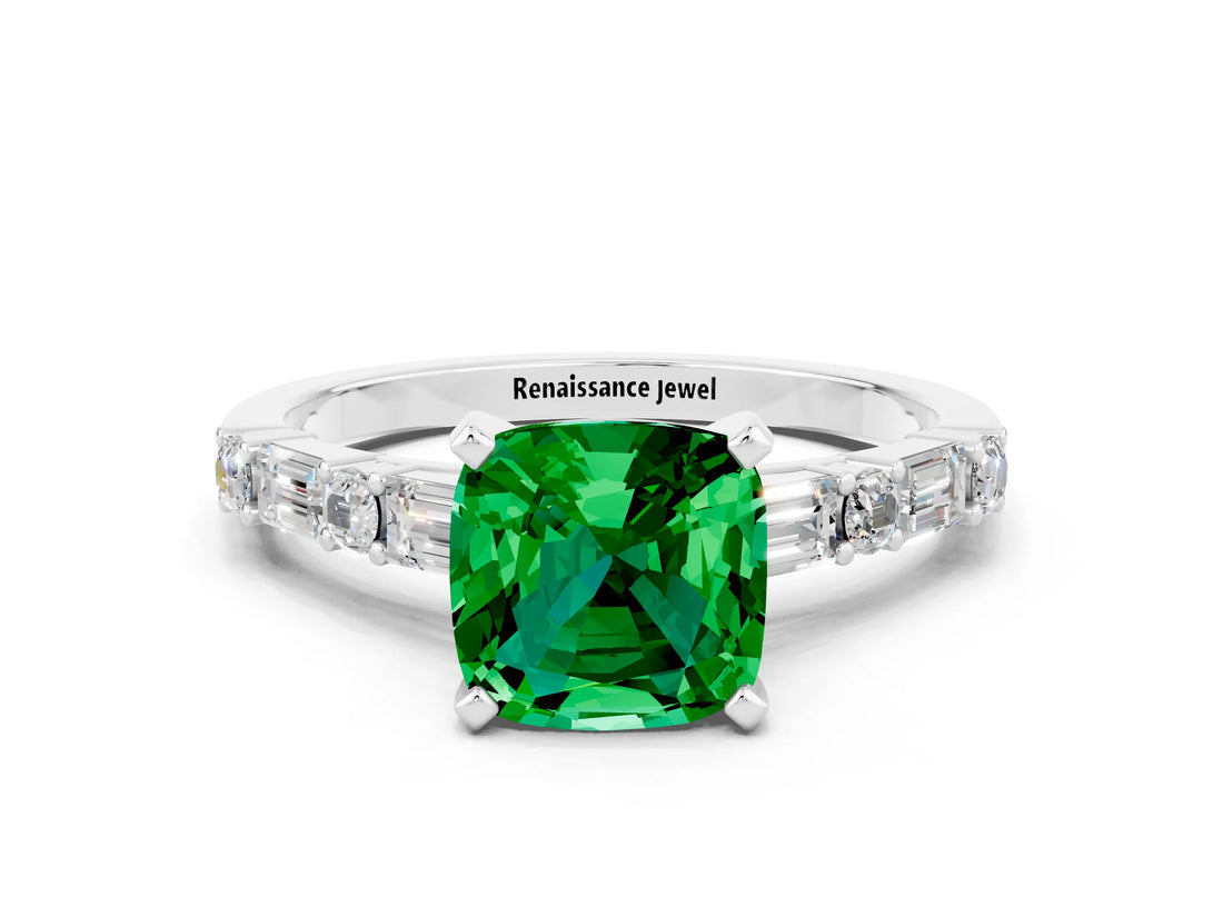 White gold Cushion Cut Emerald Solitaire with Side Baguettes and Channel Set Band