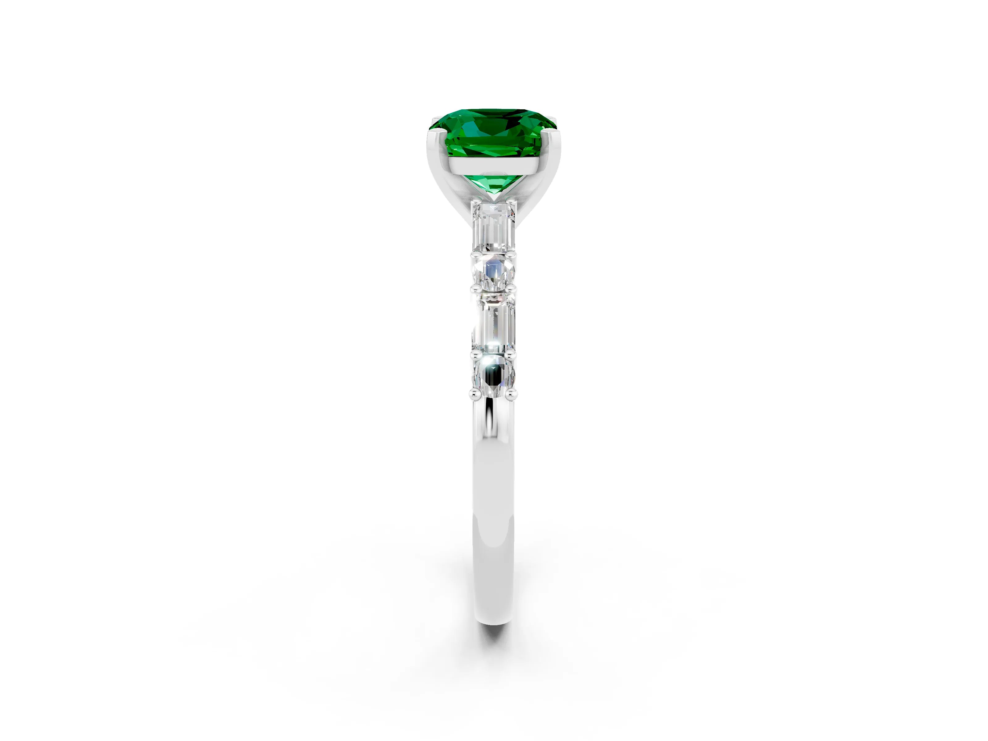 White gold Cushion Cut Emerald Solitaire with Side Baguettes and Channel Set Band_2