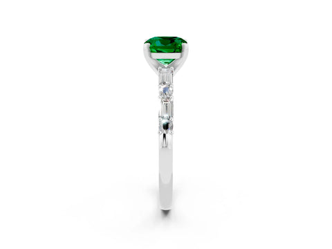 White gold Cushion Cut Emerald Solitaire with Side Baguettes and Channel Set Band_2