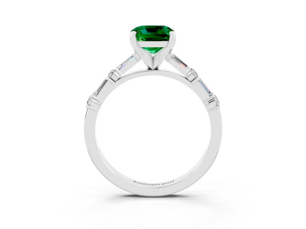Platinum Cushion Cut Emerald Solitaire with Side Baguettes and Channel Set Band